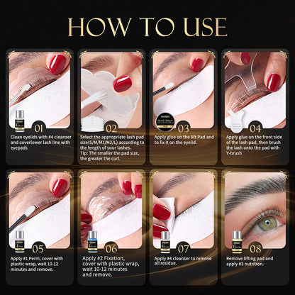 Eyelash perm kit contents displayed with silicone pads and cleansing solutions