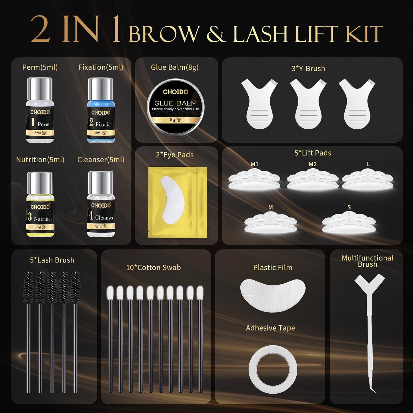 Professional eyelash curling tools including Y-shaped combs and adhesive balm