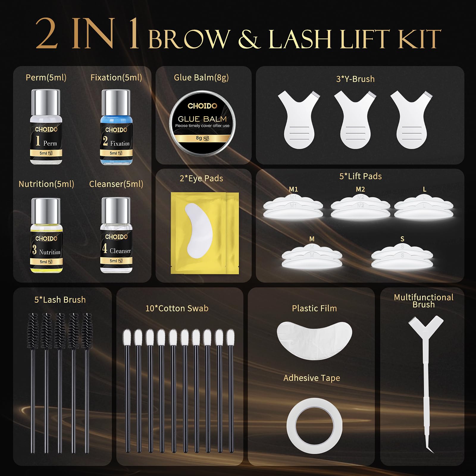 Professional eyelash curling tools including Y-shaped combs and adhesive balm