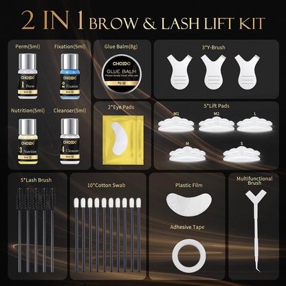 Professional eyelash curling tools including Y-shaped combs and adhesive balm