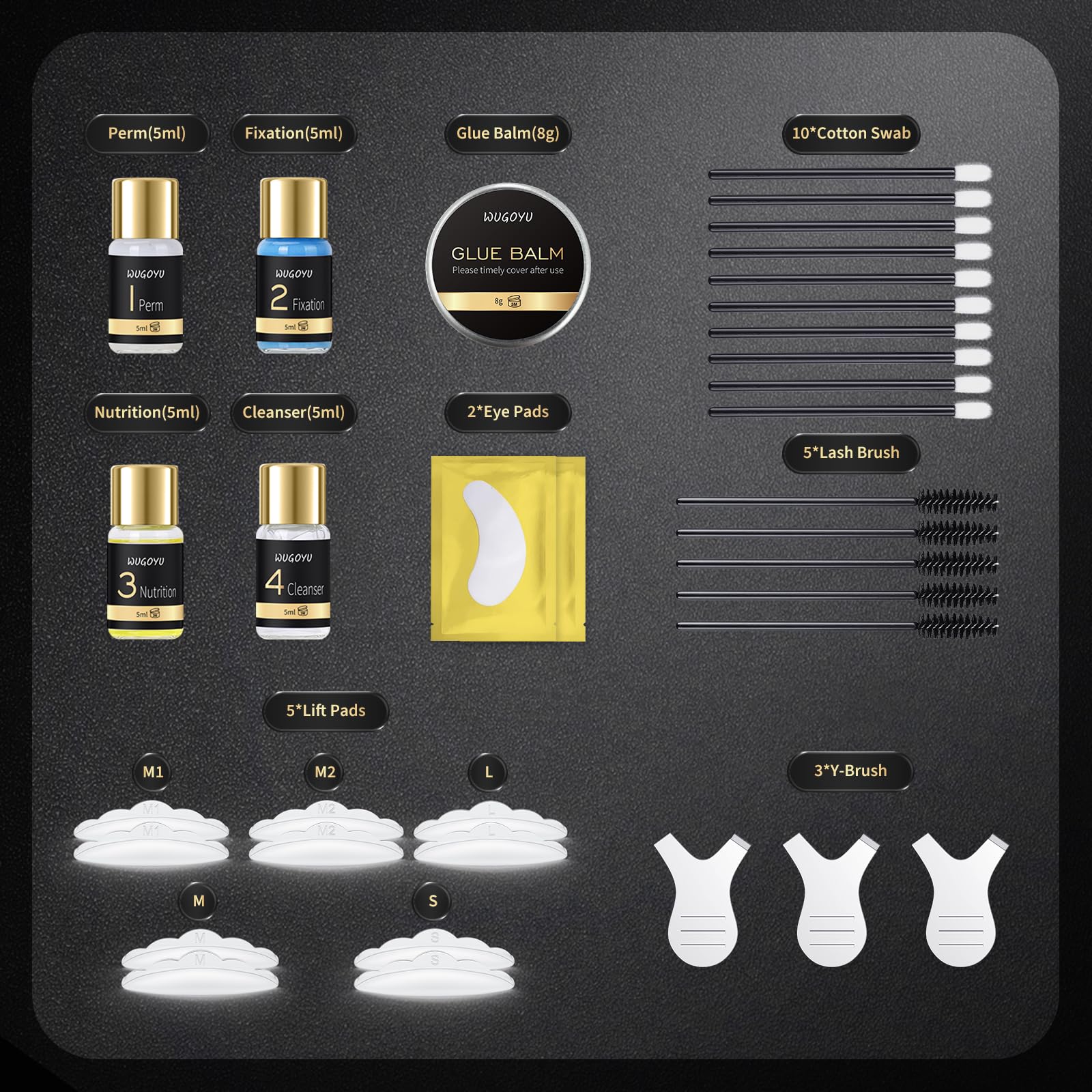 Complete contents of the Wugoyu professional eyelash perm and eyebrow lifting set including lotions and tools
