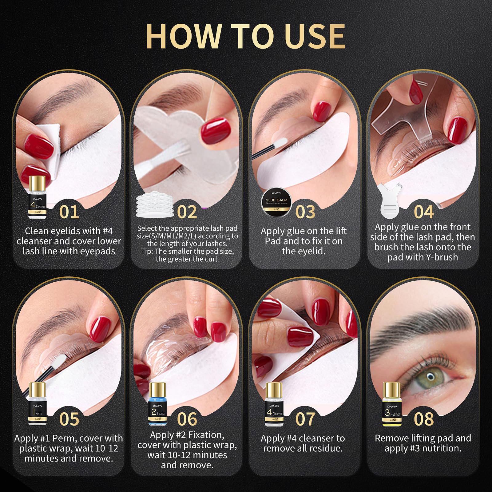 Step by step application tools including Y combs and silicone pads from the Wugoyu beauty set