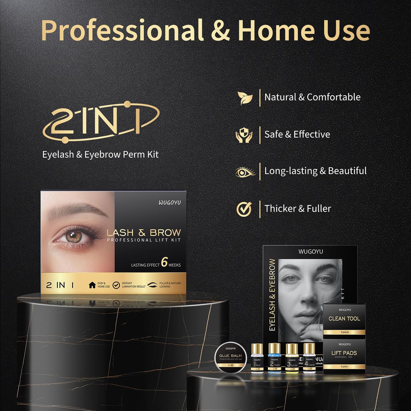 Before and after comparison graphic showing thicker eyebrows and lifted eyelashes using the Wugoyu kit