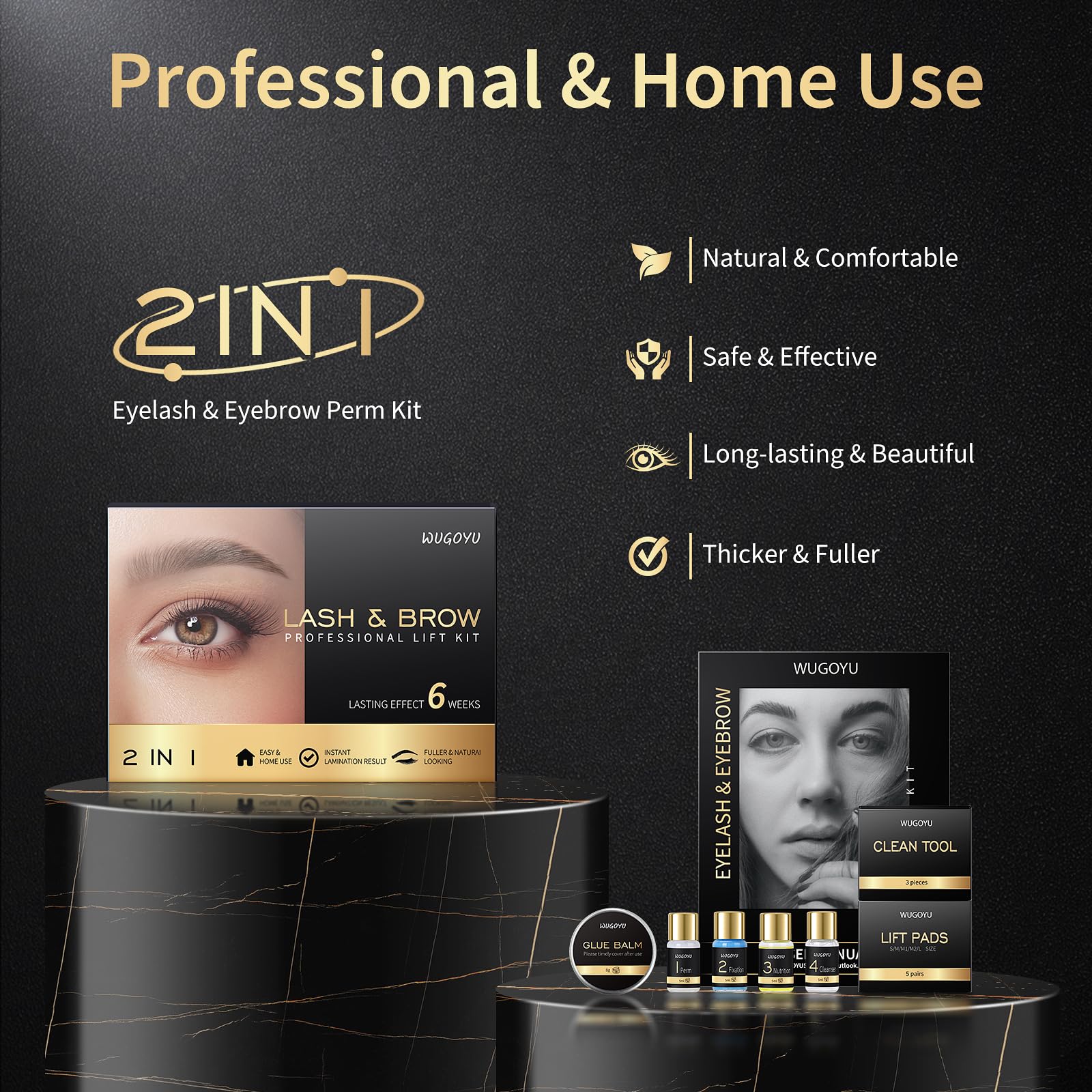 Before and after comparison graphic showing thicker eyebrows and lifted eyelashes using the Wugoyu kit