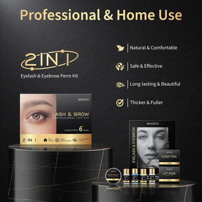 Before and after comparison graphic showing thicker eyebrows and lifted eyelashes using the Wugoyu kit