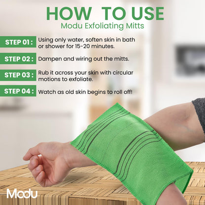 Stack of 5 green Korean exfoliating body mitts