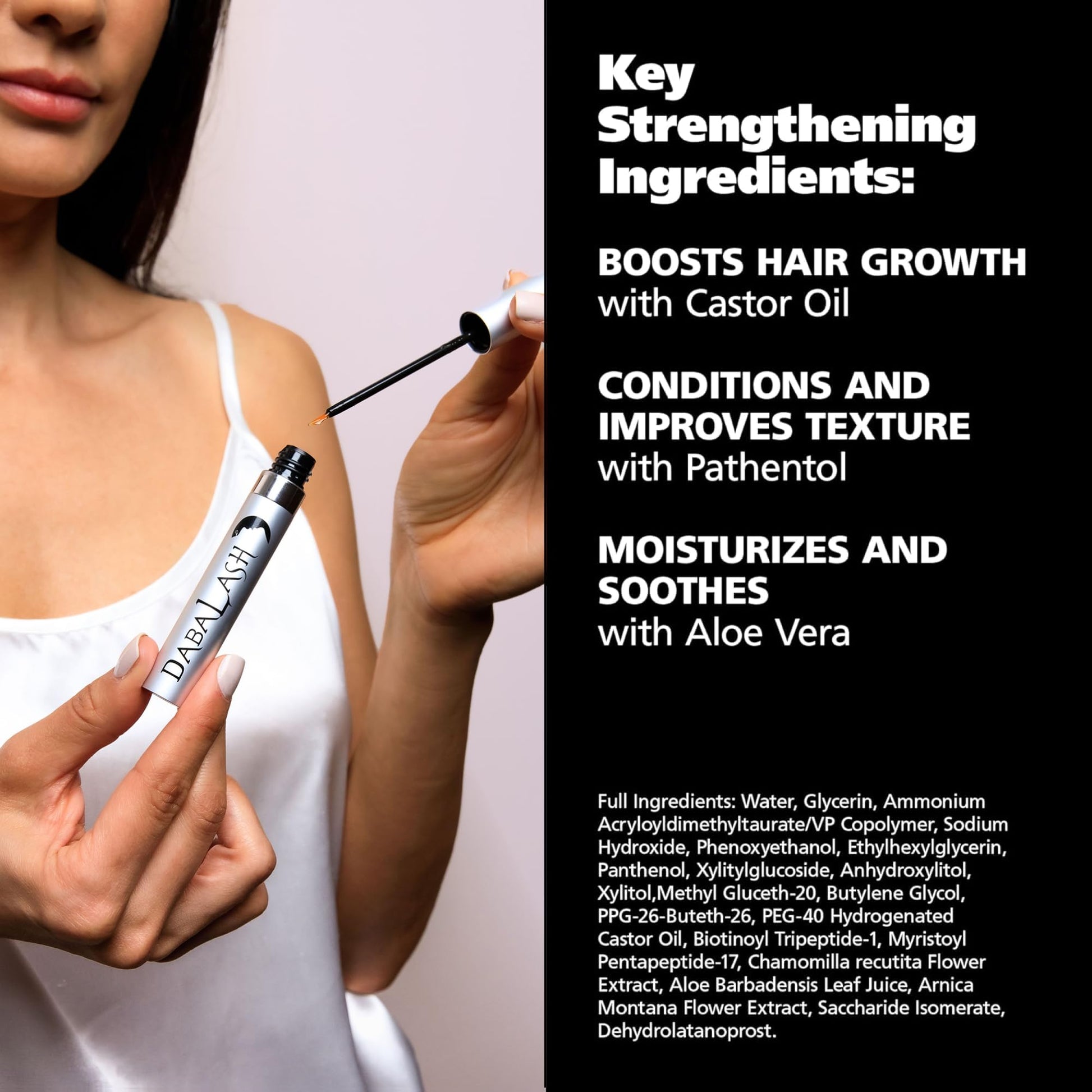 Unboxed Dabalash professional hair strengthening serum tube showcasing the sleek metallic finish container.