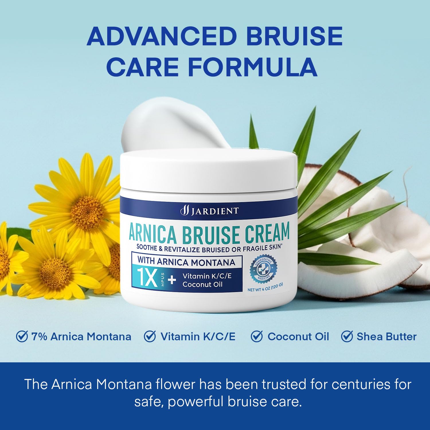 Jardient Arnica Montana cream package showing Vitamin K C and E ingredients