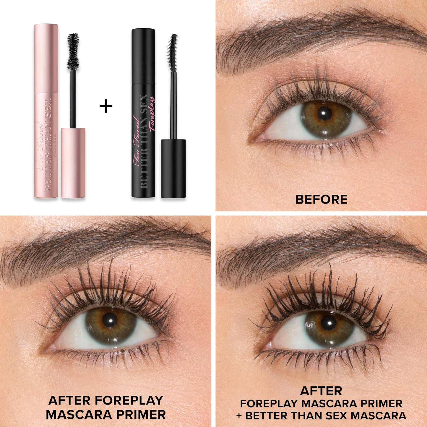 Too Faced waterproof eyelash primer tube with crescent wand applicator