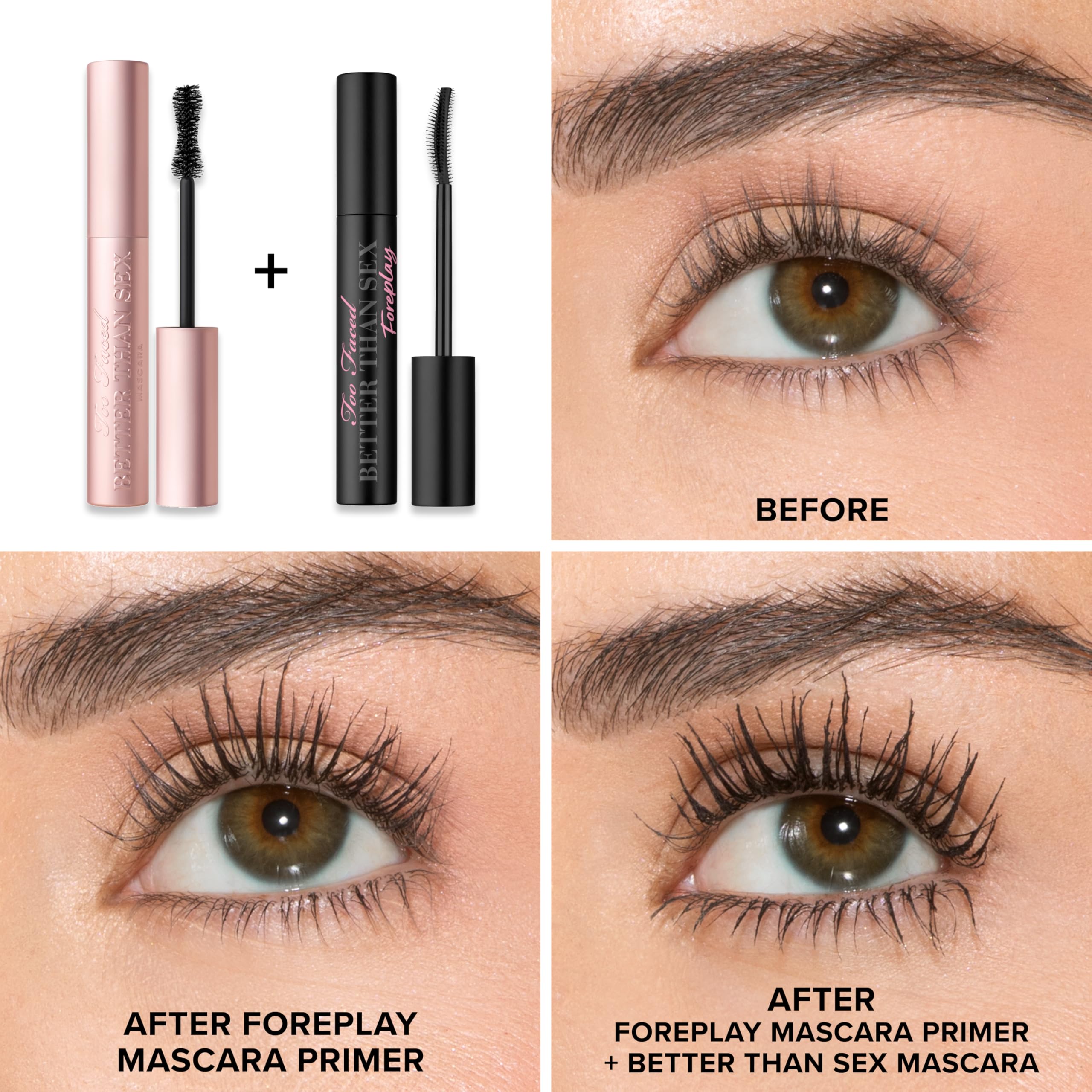 Too Faced waterproof eyelash primer tube with crescent wand applicator