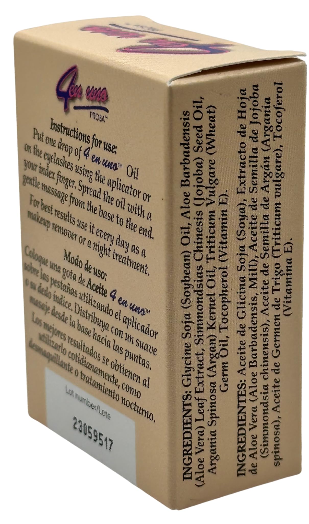 Prosa 4 in 1 natural eyelash serum bottle showing ingredients for conditioning lashes