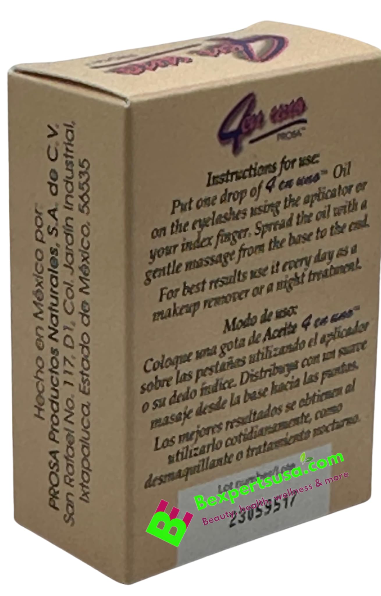 Side view of Prosa eyelash enlarging oil treatment packaging highlighting authentic USA import details