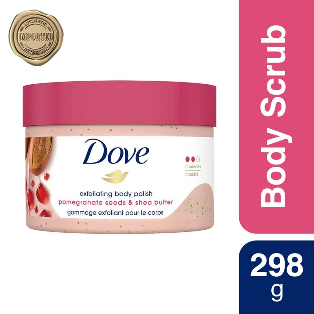 Dove pomegranate scrub showing exfoliating pomegranate seeds