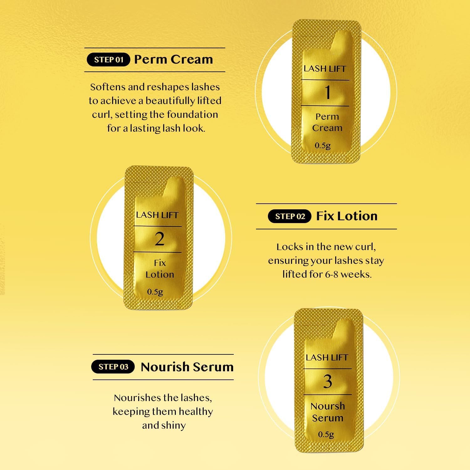 Close up of the individual sealed pouches from the AYASAL professional eyebrow lamination system.