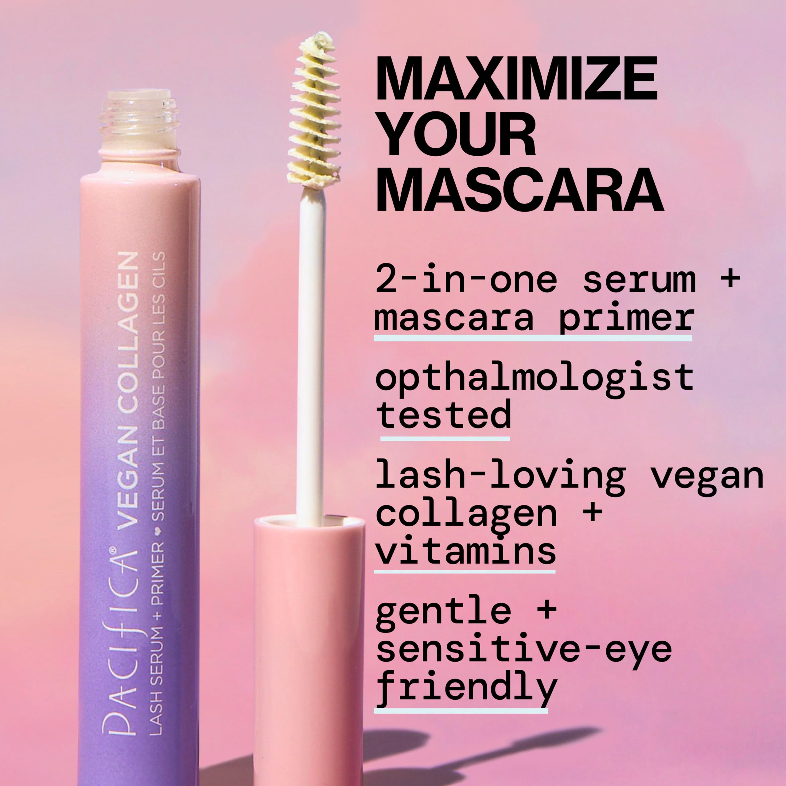 Pacifica conditioning lash serum showing the specialized spoolie brush applicator for even coating