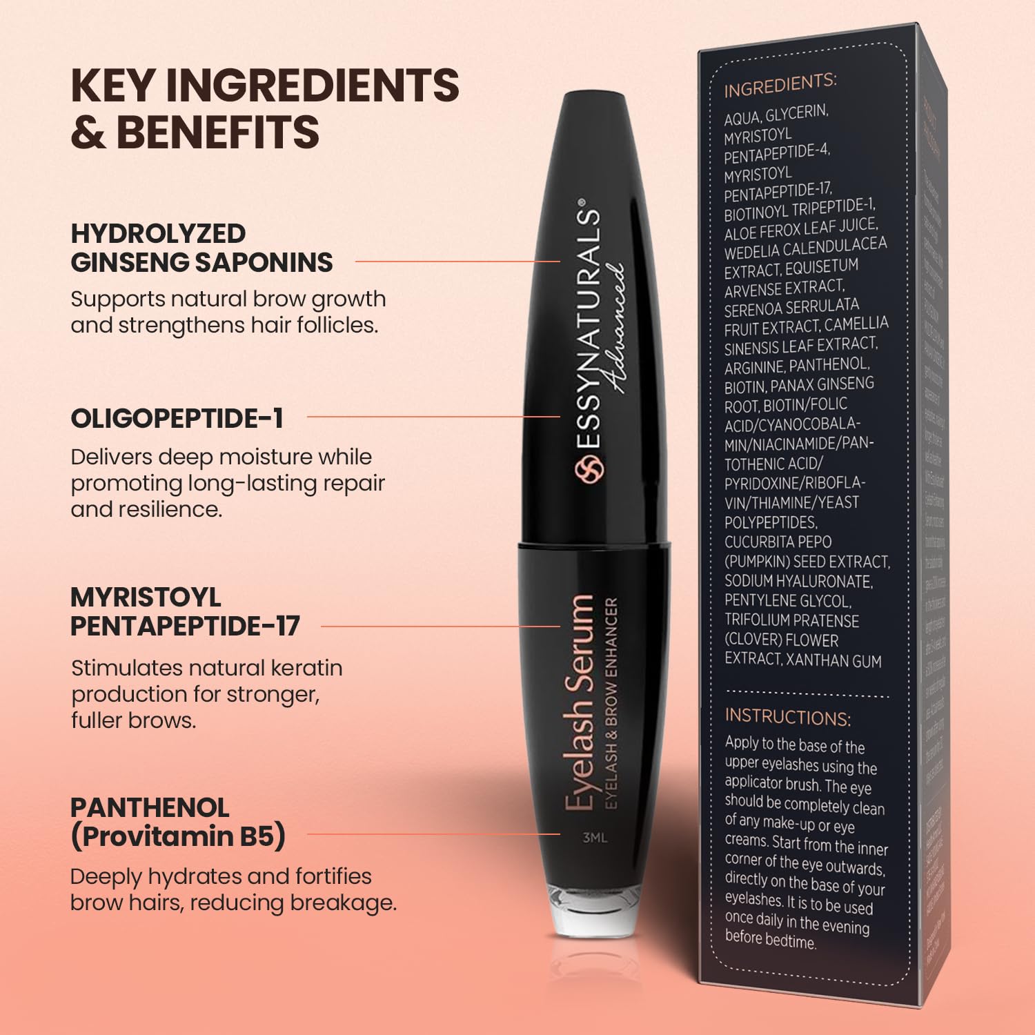EssyNaturals eyelash and eyebrow growth serum fluid measurements side view