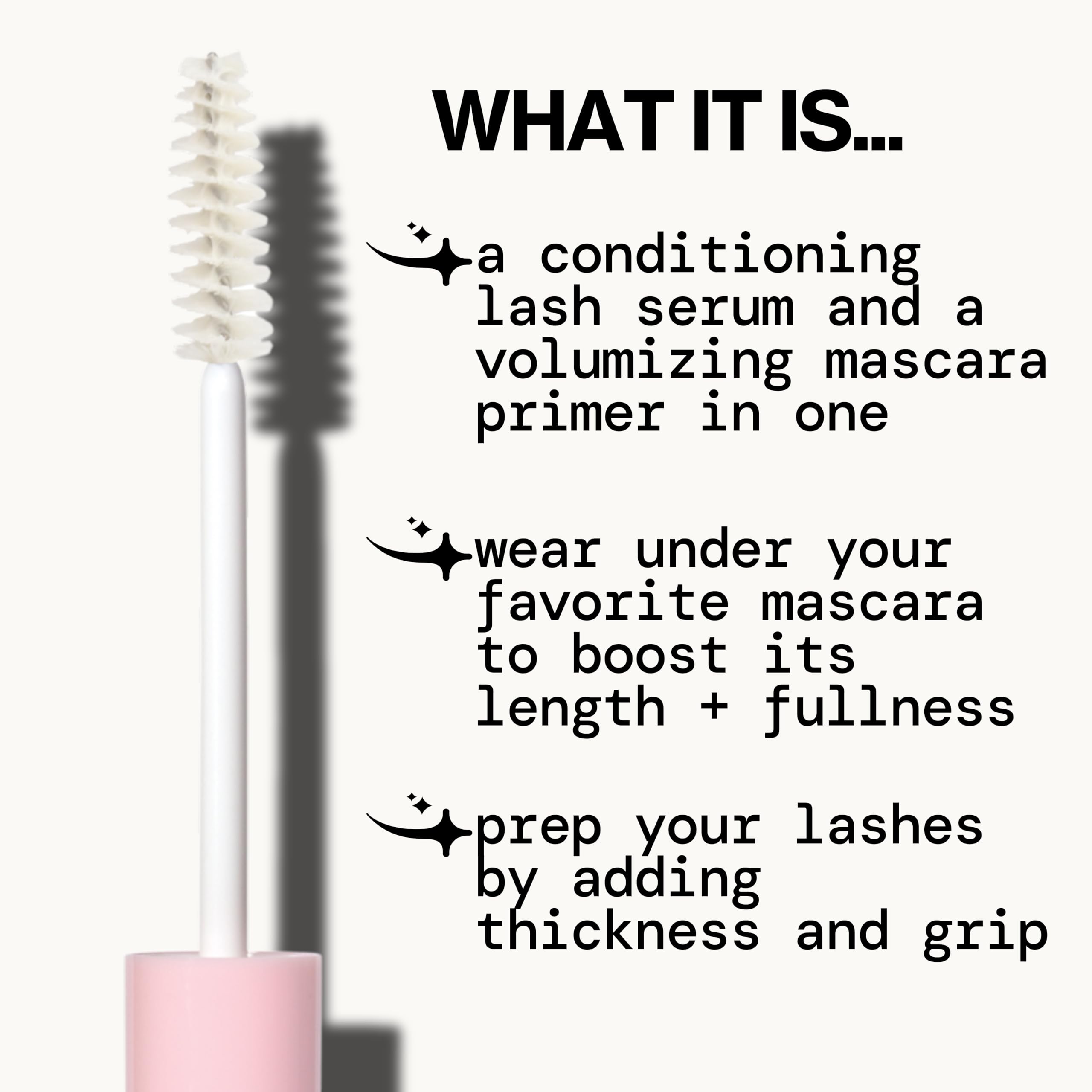Pacifica clear lash primer wand showcasing the fiber free white formula texture