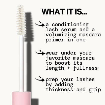 Pacifica clear lash primer wand showcasing the fiber free white formula texture