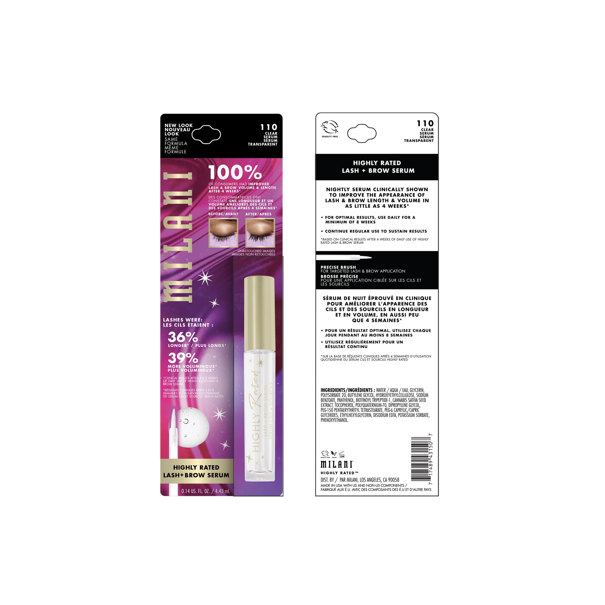 Milani eyelash and eyebrow nourishing serum packaging highlighting the tapered precision applicator brush