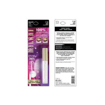 Milani eyelash and eyebrow nourishing serum packaging highlighting the tapered precision applicator brush