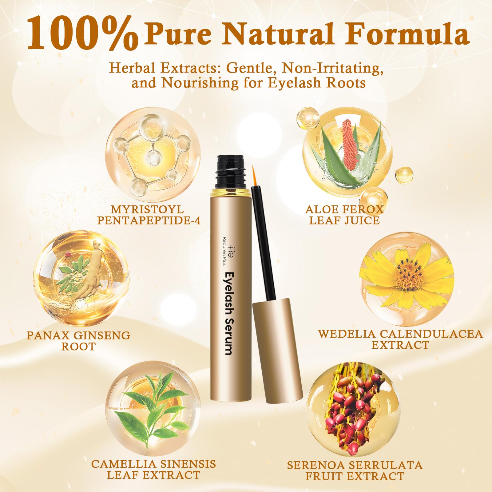 Recuren Plus advanced vegan lash enhancing formula fine tip brush applicator closeup