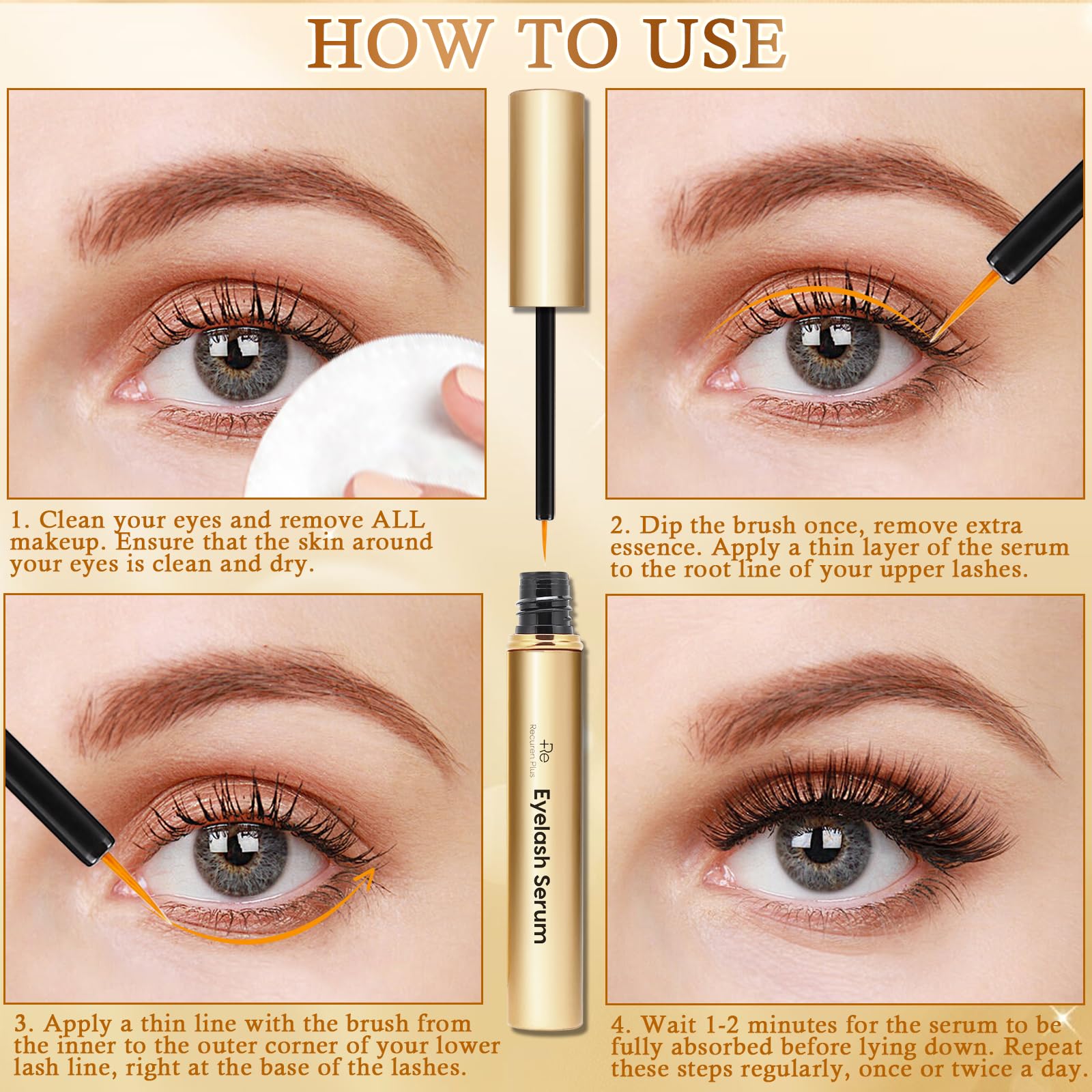 Premium eyelash booster serum container with natural biotin and peptide text
