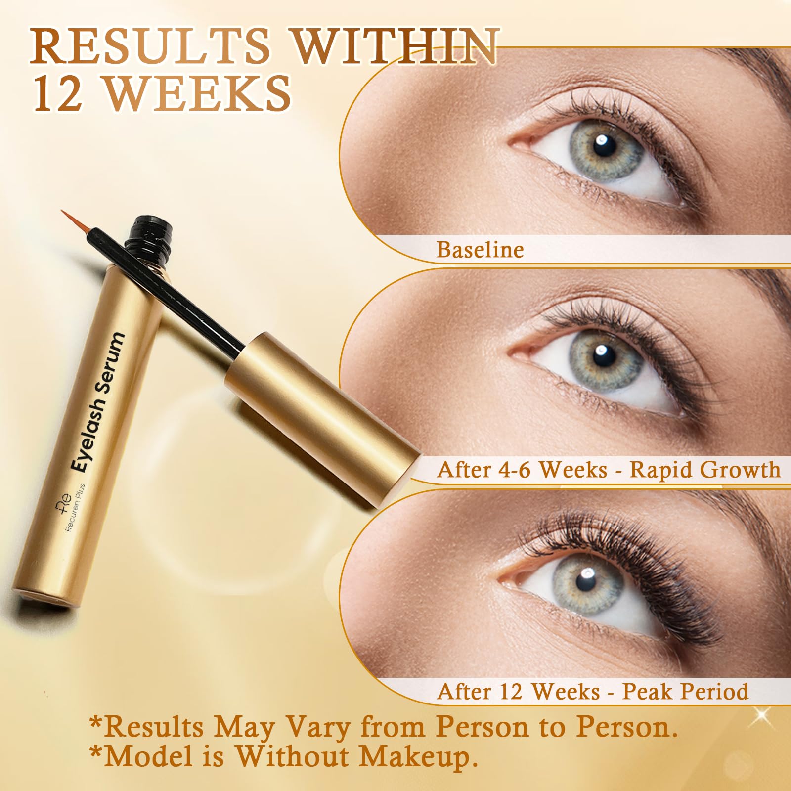 Recuren Plus lash growth treatment tube showing precise root line application brush