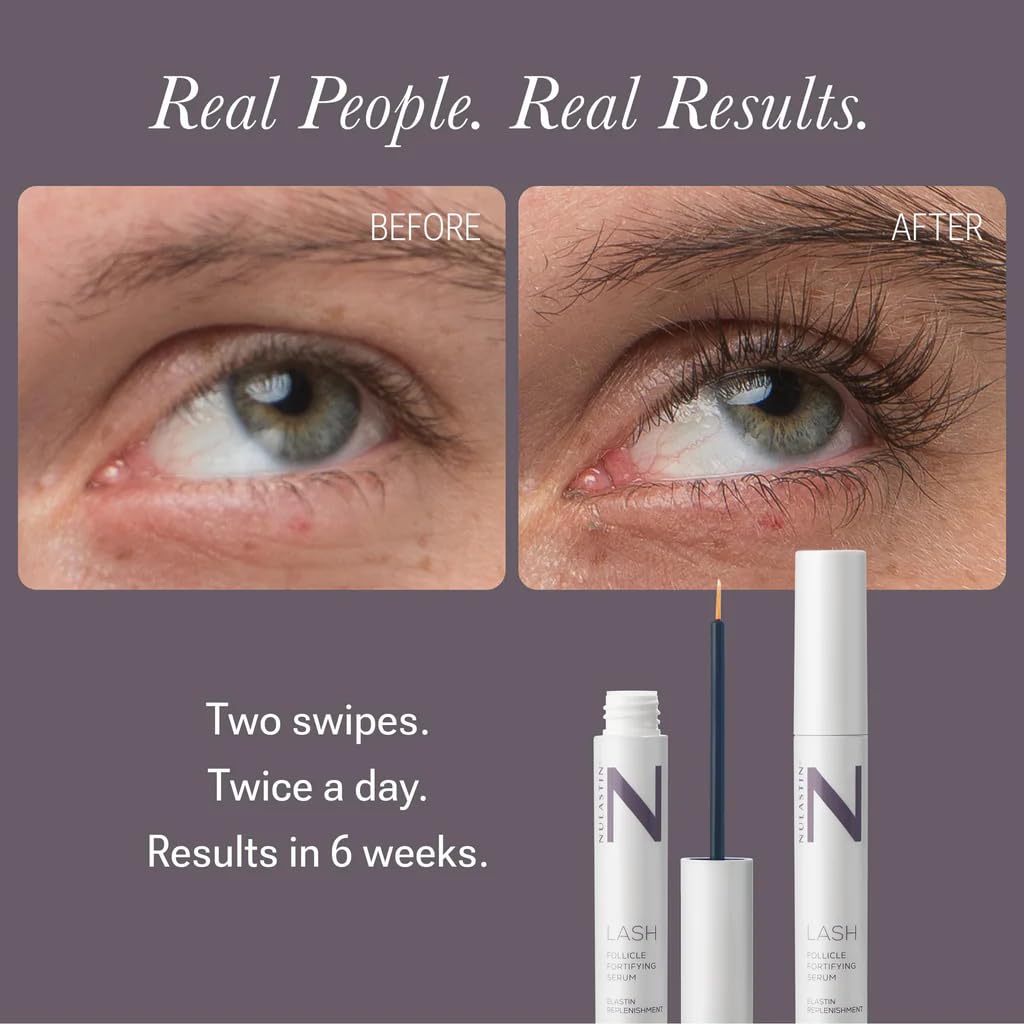 Close-up of the fine applicator brush on the NULASTIN lash fortifying serum tube.