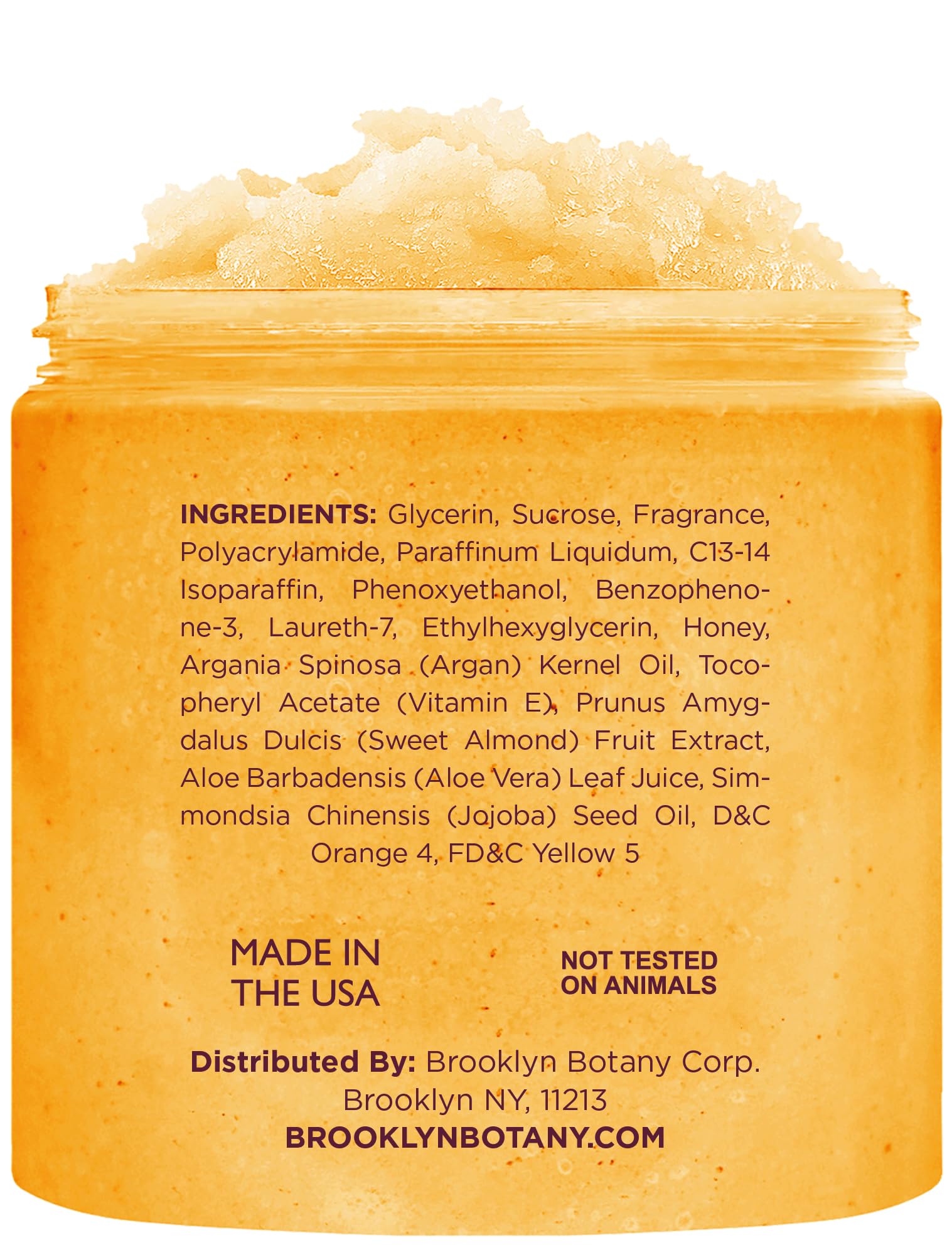 Brooklyn Botany exfoliating sugar scrub jar showing product labels and ingredients list.
