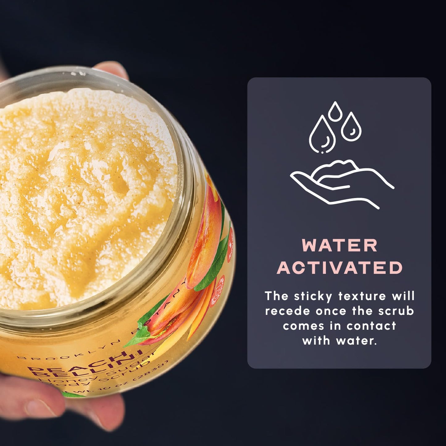 Authentic peach bellini body smoothing sugar scrub side angle display.
