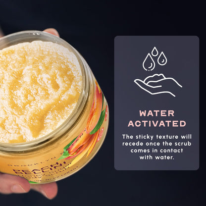 Authentic peach bellini body smoothing sugar scrub side angle display.