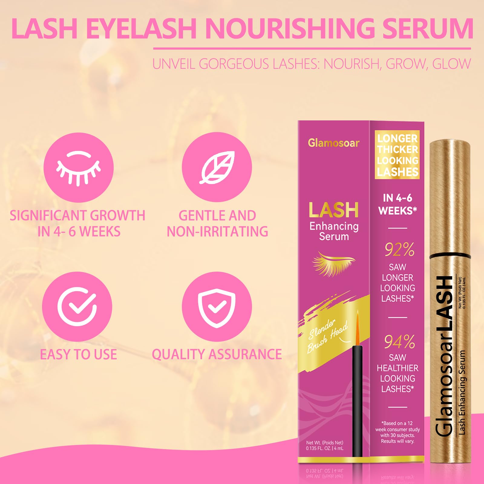 Close up view of the precision brush head on the Glamosoar lash conditioning serum.