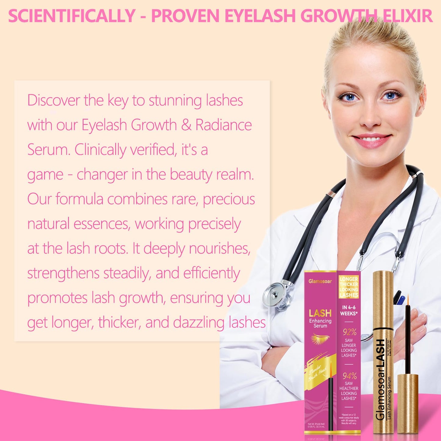 Side view of the Glamosoar eyelash growth serum fluid container detailing the 4ml volume.