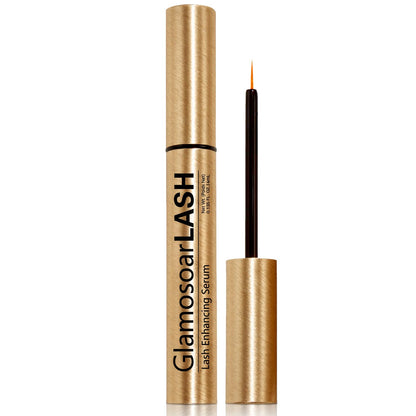 Glamosoar premium lash growth formula layout emphasizing denser and thicker natural eyelashes.