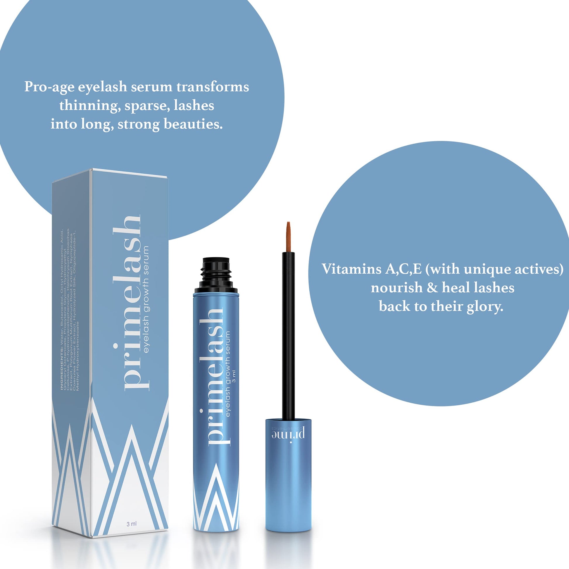 Prime Prometics PrimeLash Growth Serum packaging box and vitamin infused formula tube