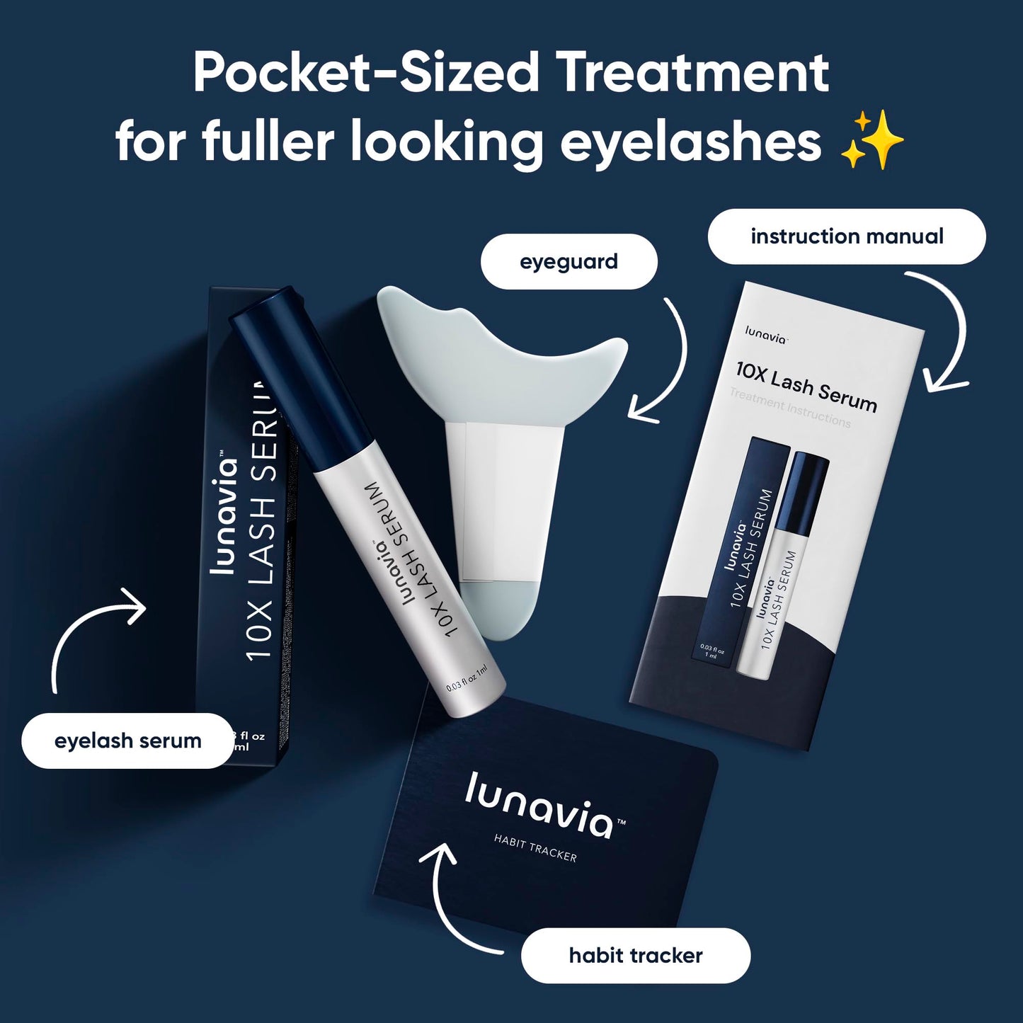 Lunavia eyelash growth treatments clear liquid formula close up showcasing precision tip applicator