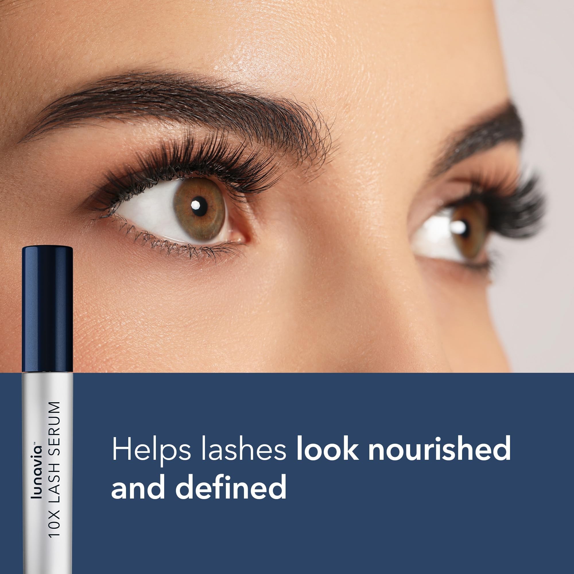 Side angle of the nourishing lash serum featuring ginseng root extract text on box packaging