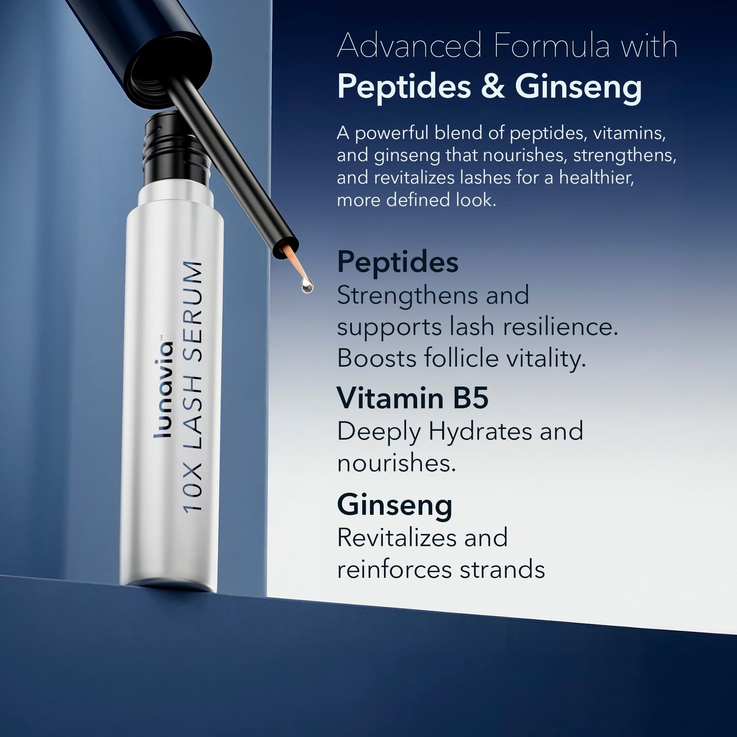 Lunavia botanical lash conditioner precision applicator tip being held for clean controlled application