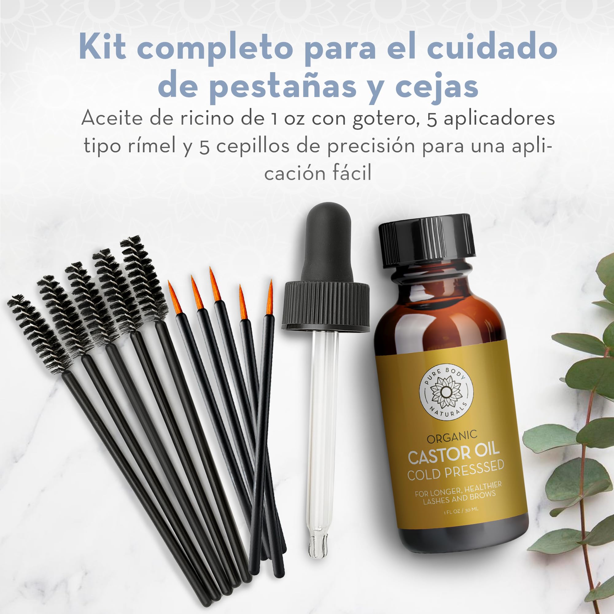 Hexane free unrefined castor oil growth serum glass dropper and five eyelash wands arrangement