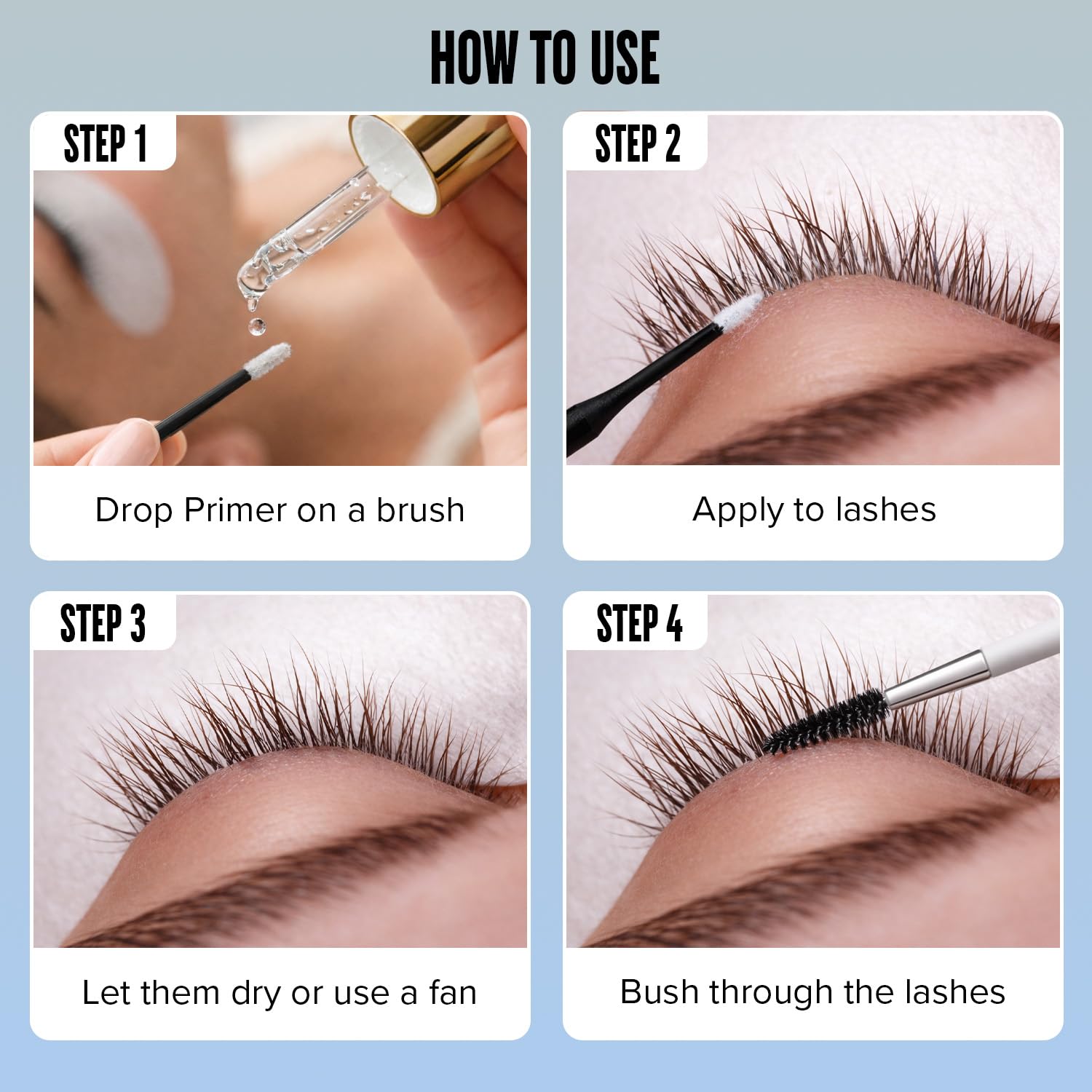 Stacy Lash lash extension primer being applied with a micro brush to natural eyelashes