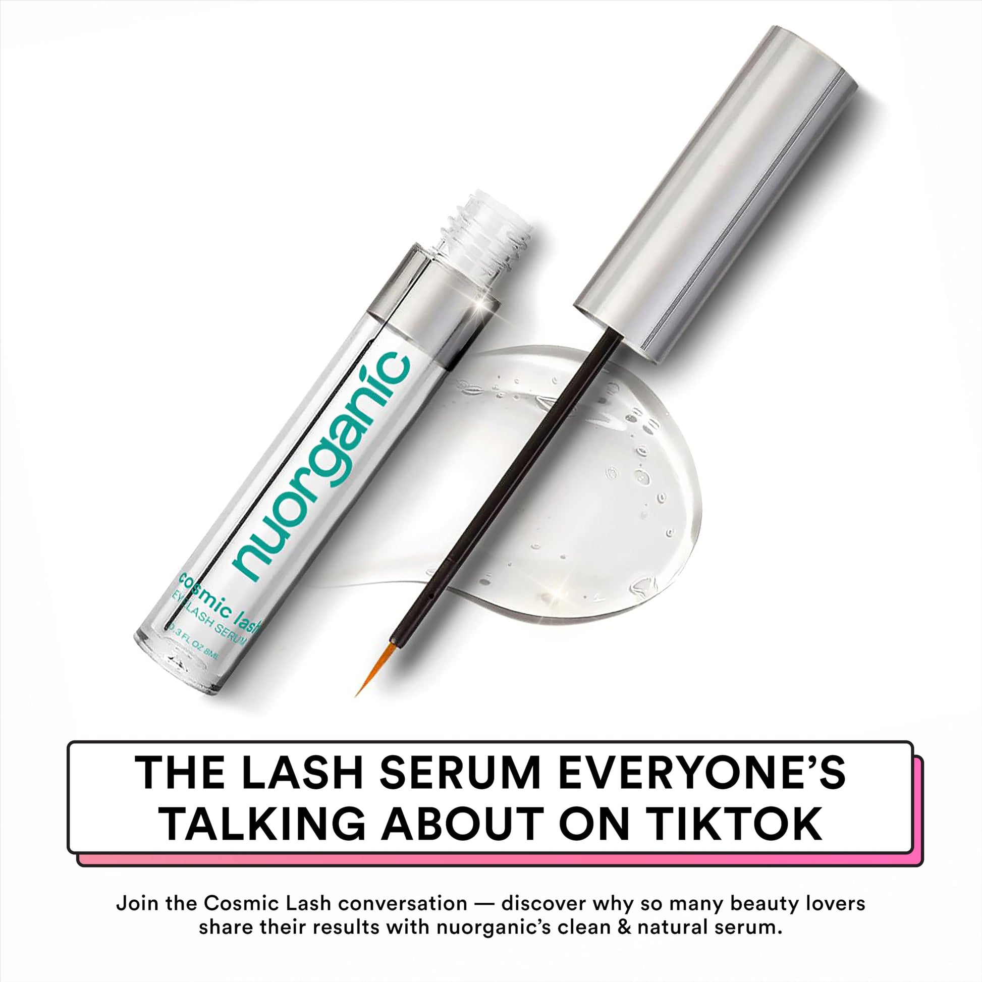 NuOrganic plant based eyelash growth serum with applicator brush showing text details.