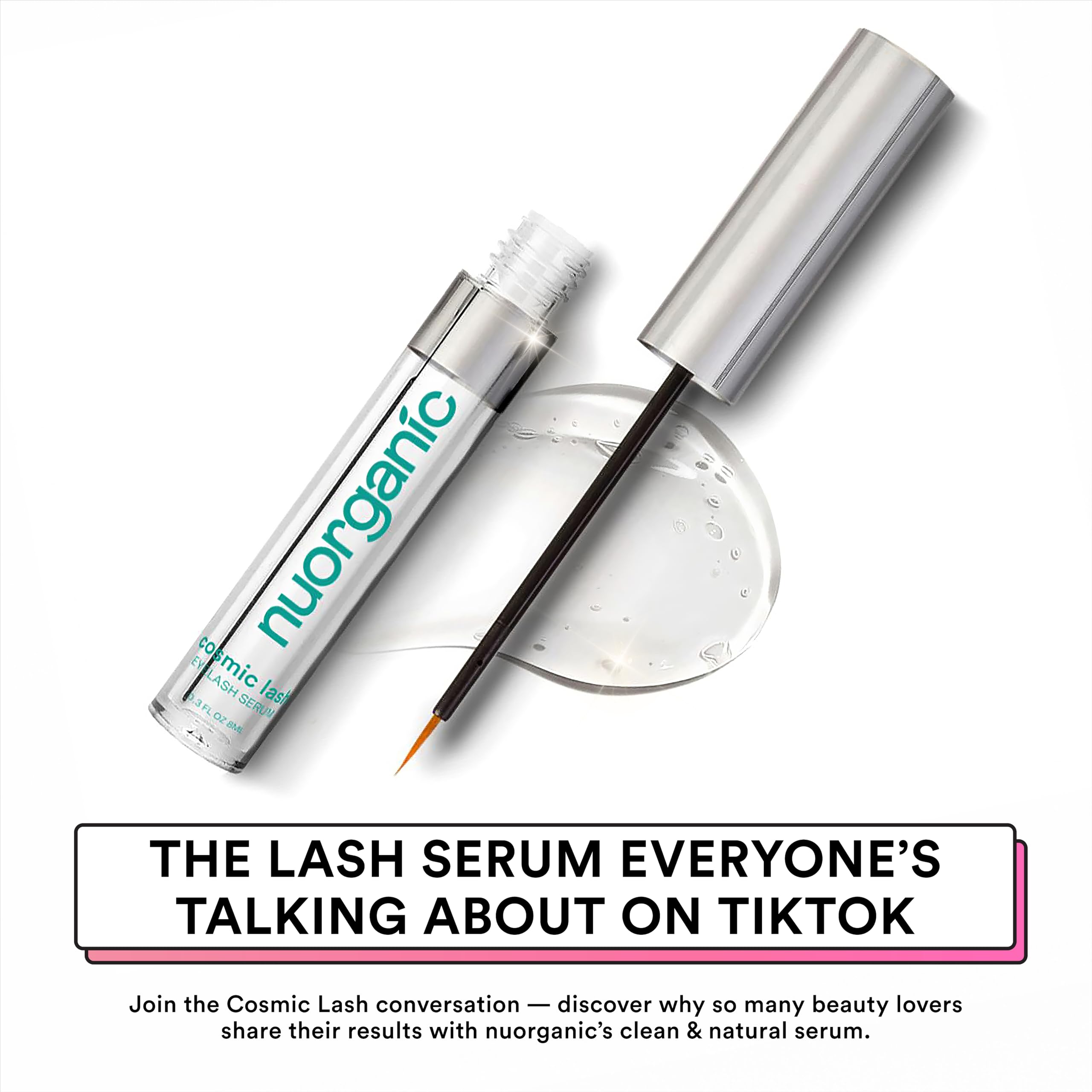 NuOrganic plant based eyelash growth serum with applicator brush showing text details.