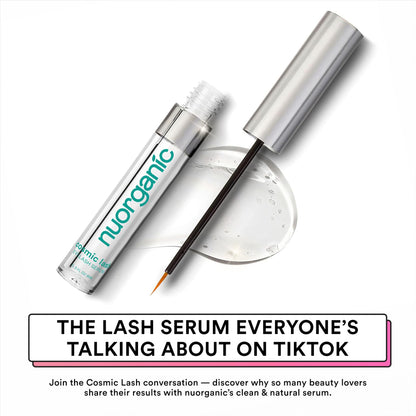 NuOrganic plant based eyelash growth serum with applicator brush showing text details.