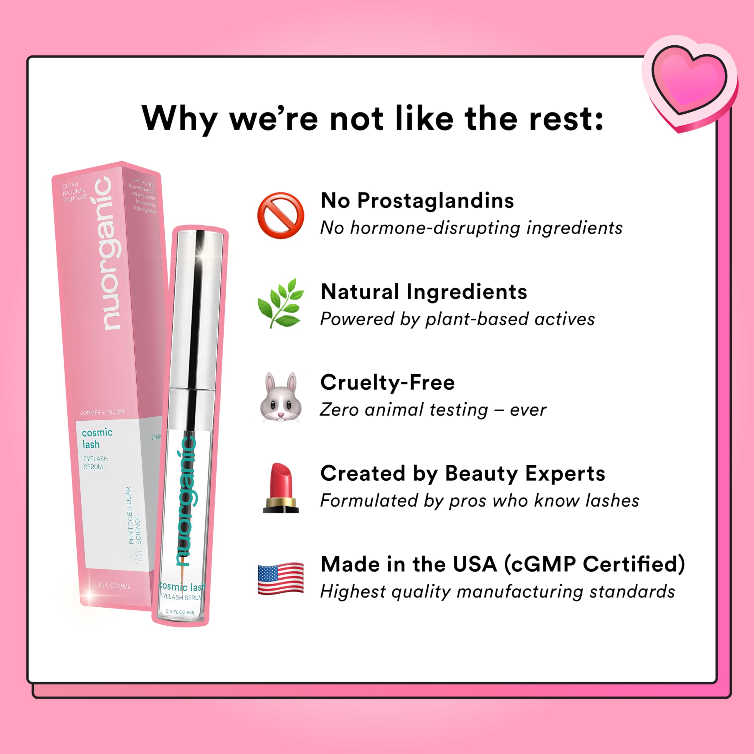 NuOrganic hormone free lash serum close up on the clean vegan formula bottle.