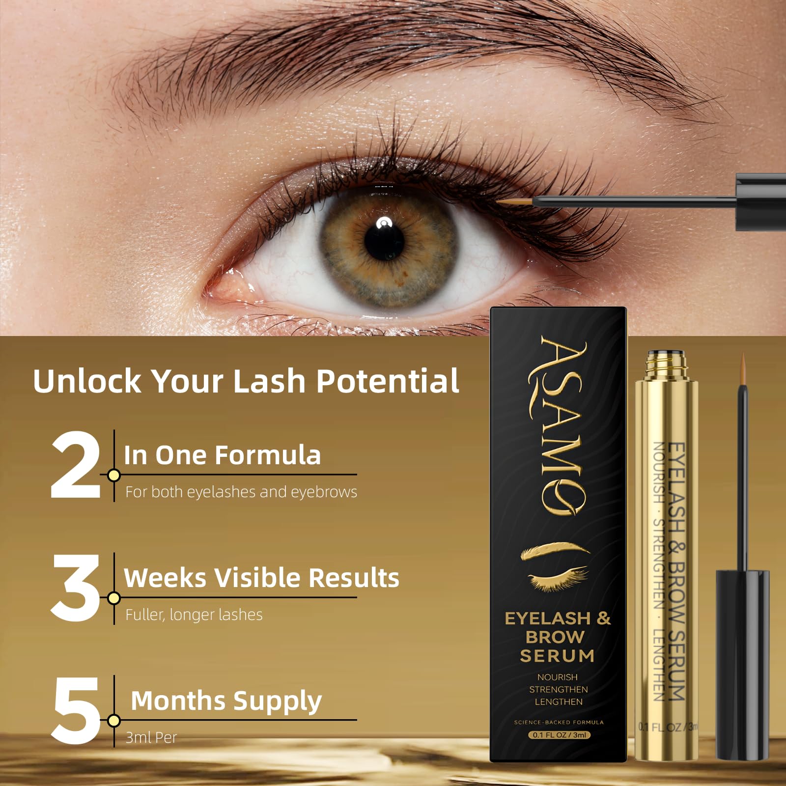 ASAMO lash and brow enhancer applicator brush showing thin liquid serum formula