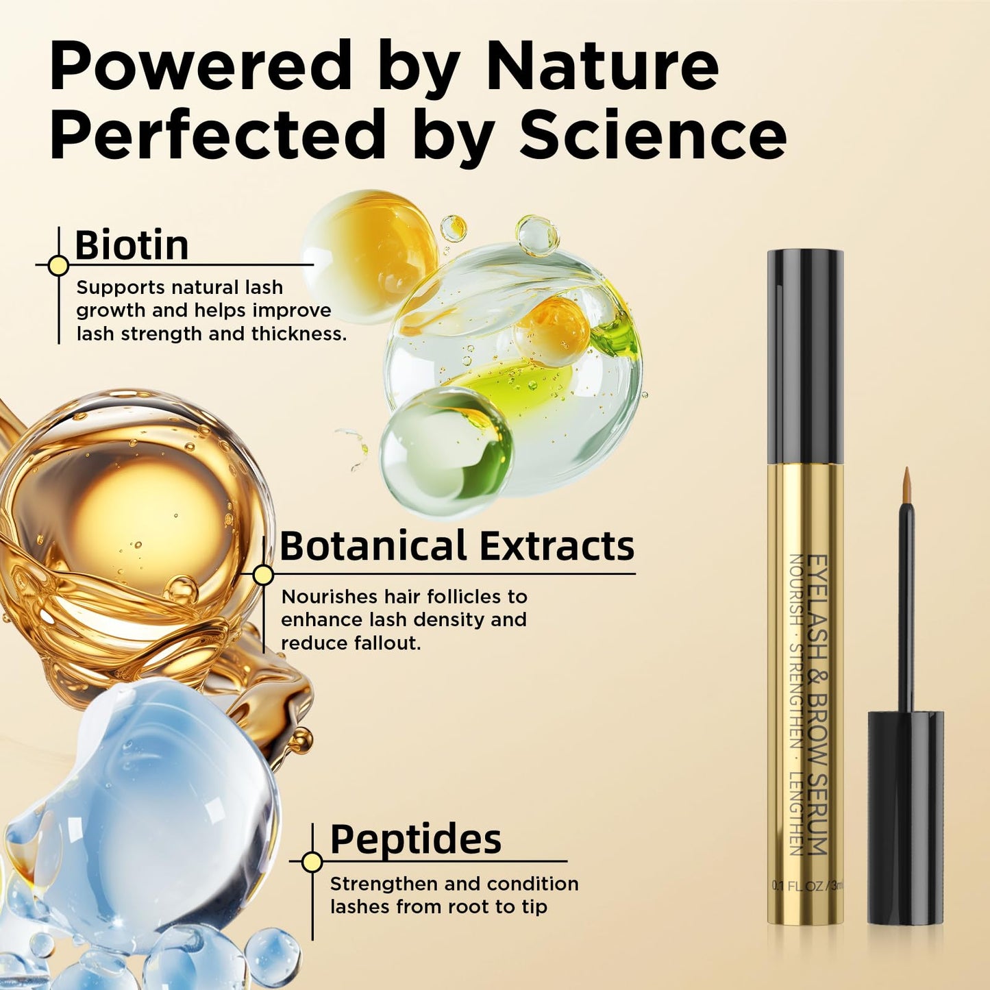 Side view of luxury gold ASAMO eye lash conditioning serum three milliliters