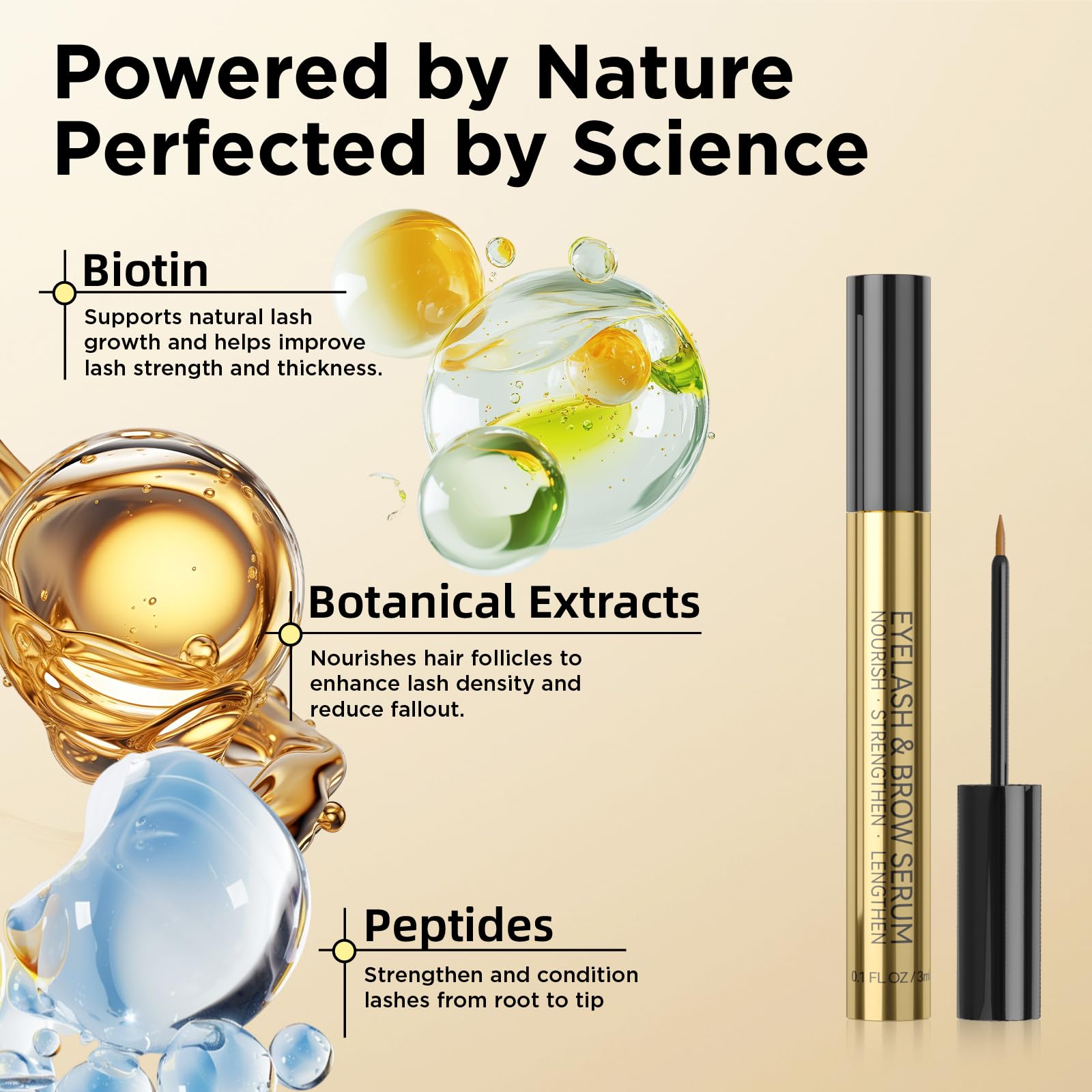 Side view of luxury gold ASAMO eye lash conditioning serum three milliliters