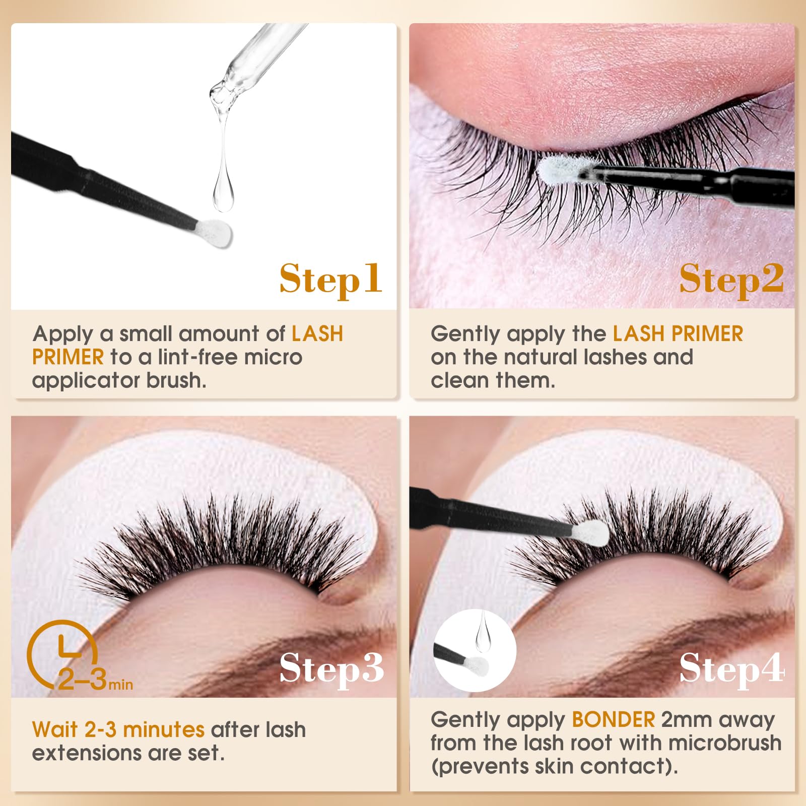 Close up of the dropper tops on the professional lash primer and bonder bottles