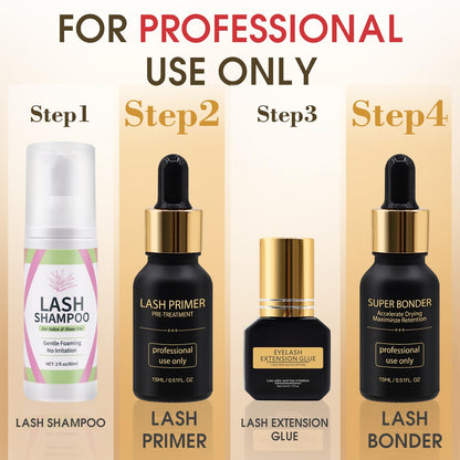 Full professional salon lash extension pre treatment and curing kit setup on white background