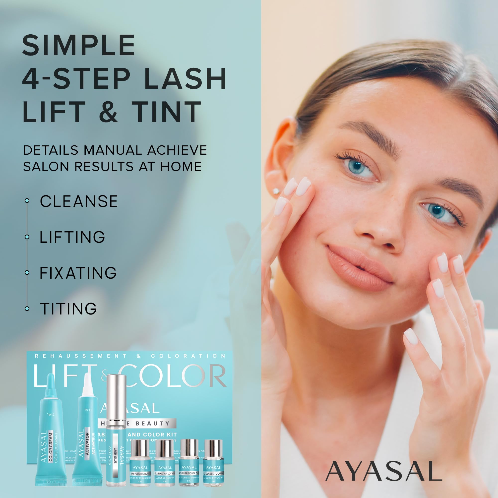 Before and after results demonstration of the long lasting AYASAL eyelash lift